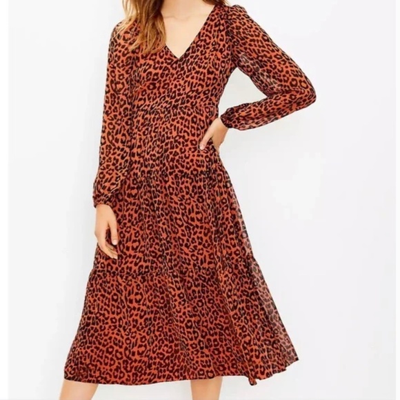 Loft Leopard Print Tiered V-Neck Dress Brand New - Picture 1 of 2